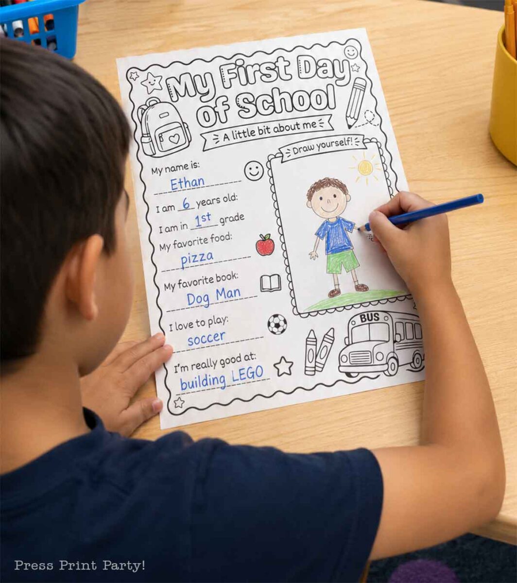 A child colors a "My First Day of School" worksheet, which includes prompts for name, age, grade, favorite food and book, hobbies, and a space to draw a self-portrait.