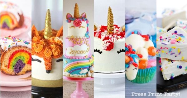 Six unicorn-themed cakes, each decorated with colorful icing, rainbows, sprinkles, and golden horns, arranged side by side in a bright, festive display.
