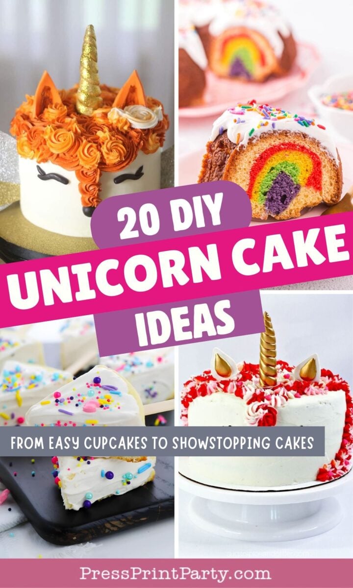 Collage of colorful unicorn cakes and cupcakes with text: “20 DIY Unicorn Cake Ideas—From Easy Cupcakes to Showstopping Cakes.” Each dessert is decorated with rainbows, sprinkles, and unicorn designs.