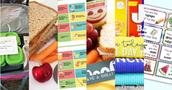 A collage of lunchbox items, sandwiches, fruit, juice, a board game, snack bars, and handwritten lunchbox notes with positive messages.