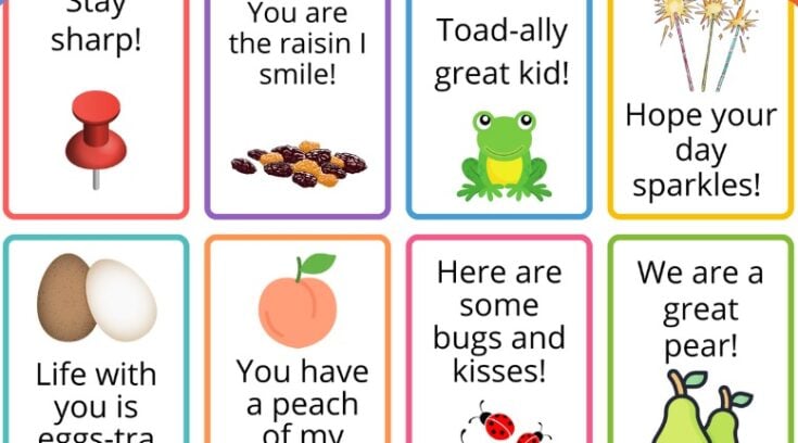 Eight colorful cards with puns and small images: pushpin, raisins, frog, sparklers, eggs, peach, ladybug, and pears. Messages include “Stay sharp!” and “We are a great pear!” among others.