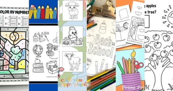 A collage of colorful and black-and-white children’s coloring pages, featuring school supplies, apples, animals, and a “Back to School” theme. Some images are partially colored; others are line drawings with crayons, scissors, and books.