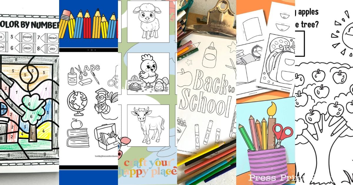A collage of colorful and black-and-white children’s coloring pages, featuring school supplies, apples, animals, and a “Back to School” theme. Some images are partially colored; others are line drawings with crayons, scissors, and books.