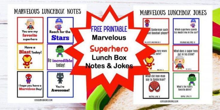 Marvelous Superhero Lunch Box Notes & Jokes printable sheet with cartoon superheroes, encouraging notes on the left, and superhero-themed jokes on the right. Sandwiches are visible in the background.