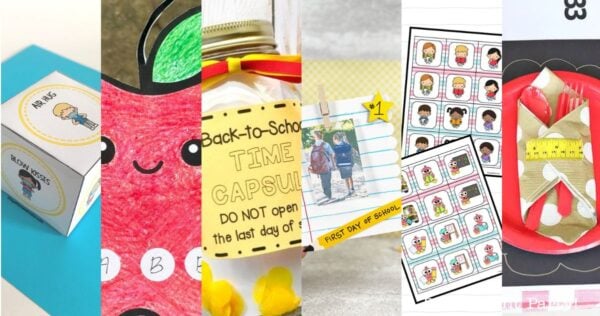 A collage of six colorful back-to-school crafts, including a name cube, paper apple, time capsule jar, photo on notebook paper, matching cards, and a place setting with ruler and pencil.