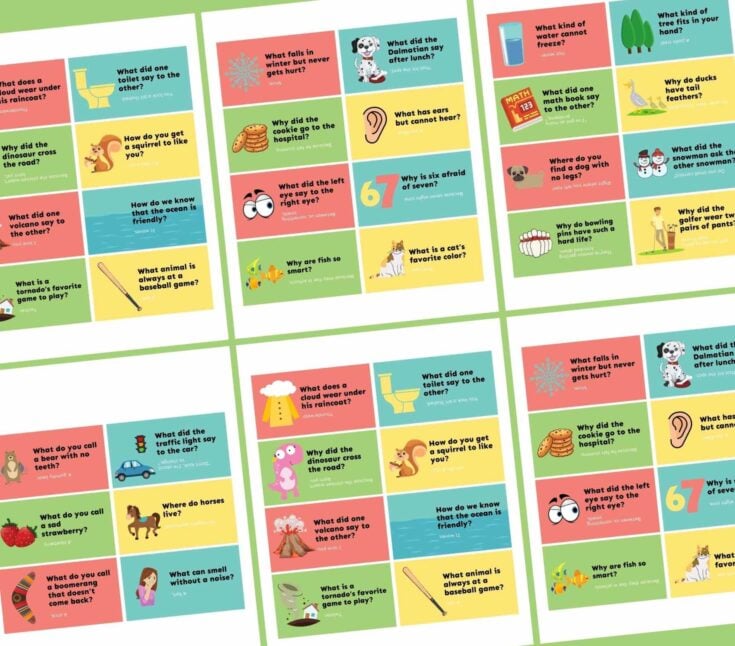A collage of colorful cards, each featuring a cartoon animal or food and a playful trivia question or joke related to animals, food, or colors on a pastel background. Cards are arranged diagonally and include illustrations.