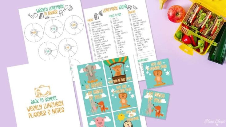 Colorful lunchbox planner and notes featuring animal illustrations, a lunchbox with a sandwich, snacks, and fruit, surrounded by printable charts for meal planning and fun inspirational lunch notes for kids.
