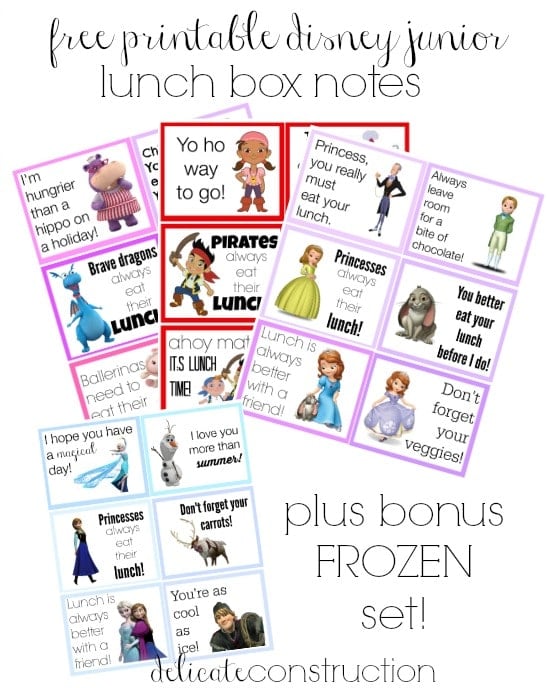A set of colorful printable Disney Junior lunch notes featuring characters and encouraging messages, with a bonus set including Frozen characters.