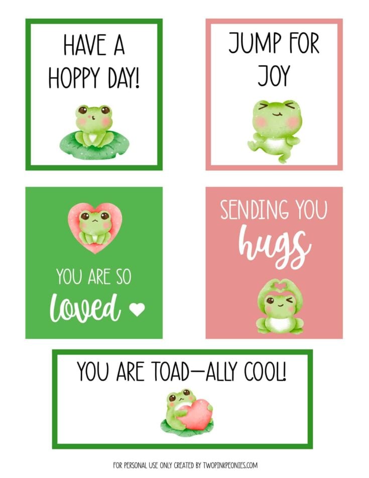 Five cute frog illustrations with uplifting messages, including “Have a hoppy day!”, “Jump for joy,” “You are so loved,” “Sending you hugs,” and “You are toad-ally cool!” on colorful backgrounds.