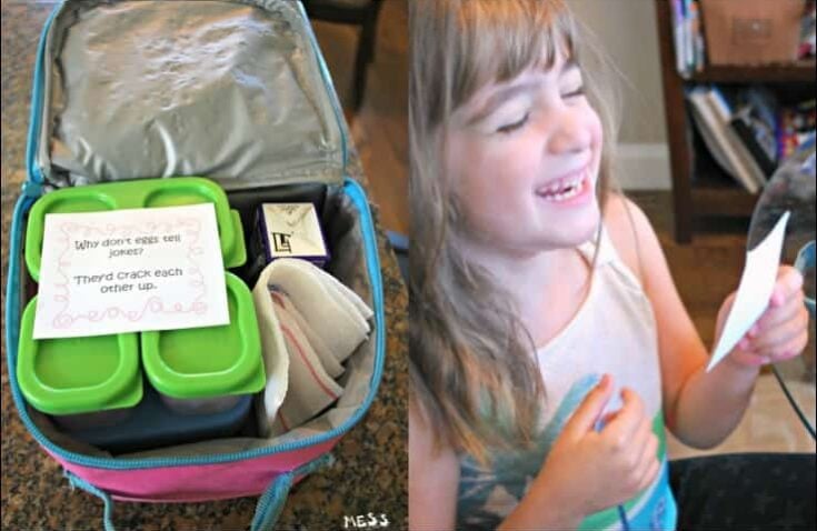 Four lunch box joke cards are shown. Below, a lunch box with a joke card and a smiling child reading a card. The text reads “Lunch Box JOKES FOR KIDS.”.