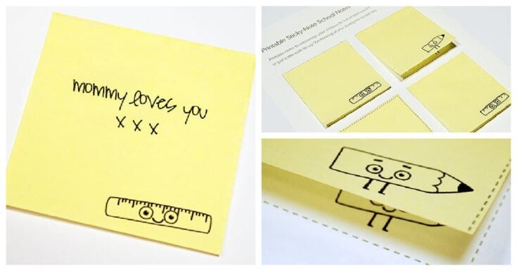Collage of yellow sticky notes: one says “mommy loves you xxx” above a cartoon ruler, others show cartoon rulers and a pencil printed at the bottom of each sticky note.