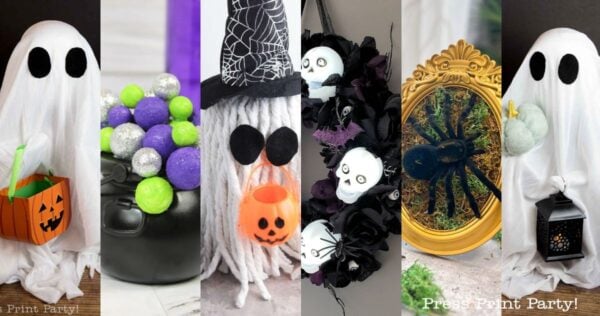 Six different Halloween decorations: two ghosts with trick-or-treat buckets, a cauldron with green and purple balls, a ghost wreath, a spider in a gold frame, and a lantern with a pumpkin and ghost.