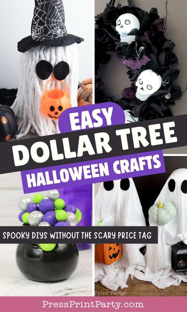 Collage of four Halloween crafts, including ghosts, spooky wreaths, and decorated cauldrons, with text: “Easy Dollar Tree Halloween Crafts - Spooky DIYs Without the Scary Price Tag.”.