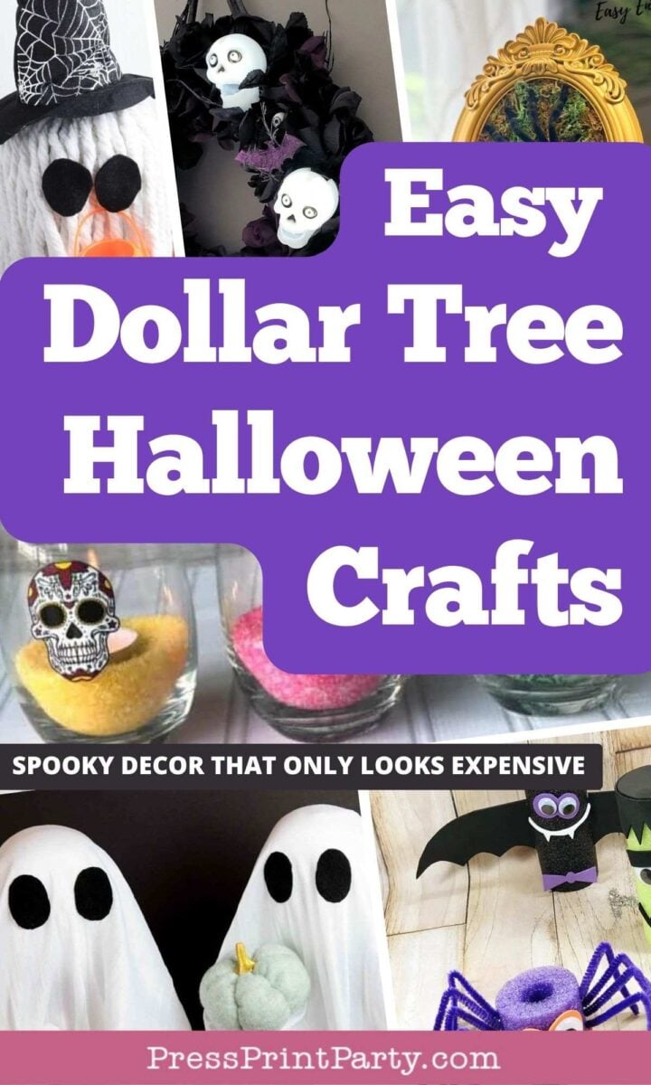 Collage of Halloween crafts made from Dollar Tree items, including ghosts, a bat, and skull decorations. Bold text reads “Easy Dollar Tree Halloween Crafts” and “Spooky decor that only looks expensive.”.