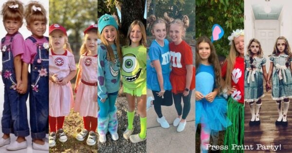 A collage of seven pairs of girls dressed in various matching costumes, including twins in overalls, baseball outfits, colorful monster attire, candy shirts, fairy skirts, and eerie blue dresses in a hallway.