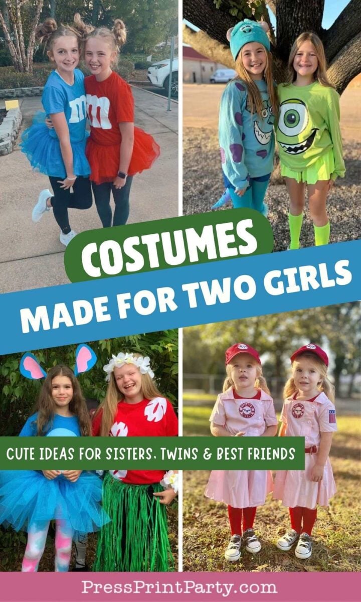 Four pairs of young girls wear creative matching costumes, including M&Ms, Monsters Inc., Alice in Wonderland, and A League of Their Own, with text promoting costume ideas for sisters, twins, and friends.