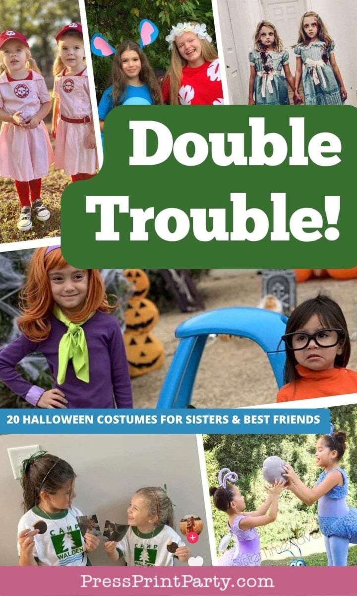 Collage of kids in matching or themed Halloween costumes, including baseball players, cartoon characters, and scientists, with the text βDouble Trouble! 20 Halloween Costumes for Sisters & Best Friends.β.