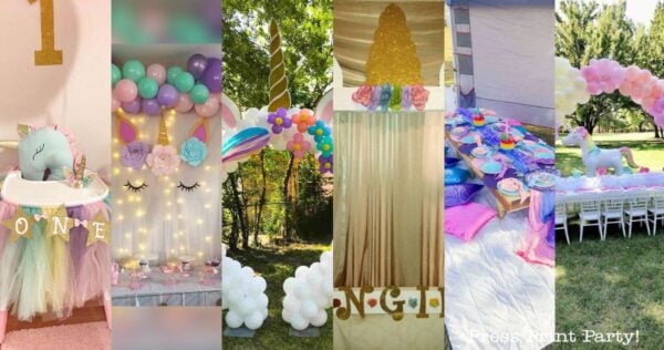 A collage of unicorn-themed party decorations, including balloons, pastel flowers, cakes, a decorated high chair, and outdoor tables with colorful settings and unicorn figures.