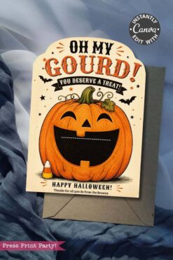 Pair your Halloween greetings with the 7 Vintage Halloween Gift Card Holders to make your festive surprise even more special—a perfect complement for a card featuring a smiling jack-o’-lantern, bats, and candy corn that says, “OH MY GOURD! You deserve a treat! Happy Halloween! Thanks for all you do from the Browns.”.