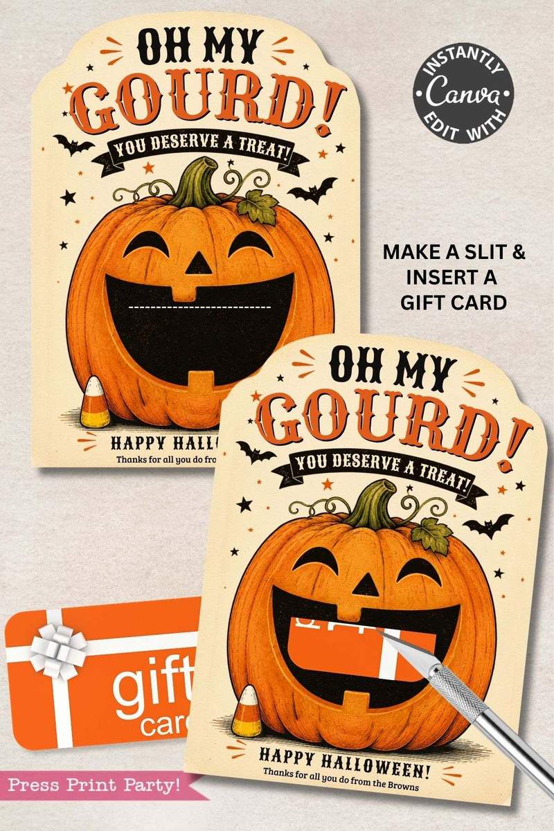 Introducing the “7 Vintage Halloween Gift Card Holders”—printable cards featuring a cheerful jack-o’-lantern and playful “Oh My Gourd! You Deserve a Treat!” message, with easy instructions to insert a gift card through the pumpkin’s mouth. These fun and festive holders are perfect for anyone seeking creative ways to present Halloween treats.