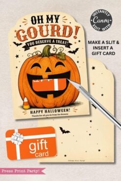 Celebrate Halloween in style with the 7 Vintage Halloween Gift Card Holders! Each holder features a cheerful pumpkin mouth ready to present your favorite gift card, making these perfect for creative and festive gift-giving. The playful text reads, “Oh My Gourd! You Deserve a Treat!” Clear instructions guide you on how to insert your chosen card. Adorned with classic decorations like bats, candy corn, and stars, these holders are both charming and practical for any Halloween occasion.