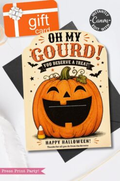 Featuring a retro-inspired design from the 7 Vintage Halloween Gift Card Holders collection, this card showcases a smiling jack-o’-lantern, playful bats, and classic candy corn. The front text reads, “OH MY GOURD! You deserve a treat! Happy Halloween! Thanks for all you do from the Browns.” Perfect for presenting your Halloween gift cards—the holder is designed to display a gift card prominently at the top left.