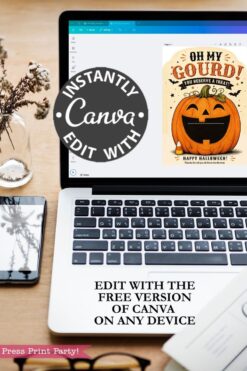 A laptop on a desk displays the “7 Vintage Halloween Gift Card Holders” design on Canva, perfect for creating your own Halloween gift card holders. Text reads: “INSTANTLY EDIT WITH Canva” and “EDIT WITH THE FREE VERSION OF CANVA ON ANY DEVICE.” A pink “Press Print Party!” label appears at the bottom.