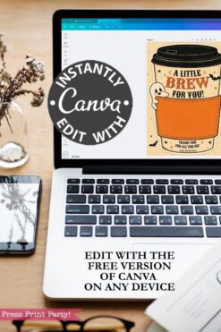 A laptop displaying Canva editing software with a coffee-themed card design from the “7 Vintage Halloween Gift Card Holders,” perfect for creating spooky gift card holders. Text reads: “Instantly Edit With Canva. Edit with the free version of Canva on any device.” A phone and a plant are nearby.