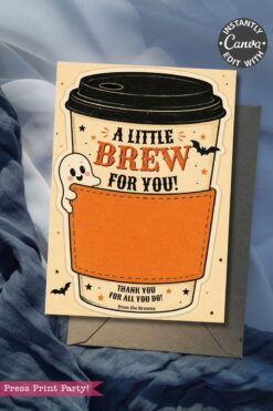 7 Vintage Halloween Gift Card Holders featuring coffee cup illustrations, bats, and a ghost—perfect for presenting your Halloween gift cards. Each card includes the message: “A Little Brew For You! Thank you for all you do! From the Browns.” Shown on an envelope with a blue cloth background.