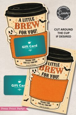 Introducing the 7 Vintage Halloween Gift Card Holders: coffee cup-shaped gift card holders featuring “A little brew for you!” text, a cute ghost illustration, and space to tuck in a gift card. Perfect for Halloween gifts, these holders are editable in Canva. Includes instruction text and cards displayed on a beige background.