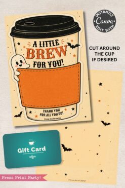 7 Vintage Halloween Gift Card Holders are coffee cup–shaped and feature a playful ghost, bats, and the message “A little brew for you!” Each holder includes a convenient pocket for a gift card and a note that says, “Thank you for all you do! From the Browns.”.