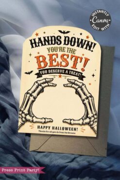 The 7 Vintage Halloween Gift Card Holders feature a festive design with skeleton hands and the message, “Hands Down! You’re the Best! You Deserve a Treat! Happy Halloween! Thanks for all you do from the Browns.” These holders are perfect for presenting gift cards or special treats this Halloween.