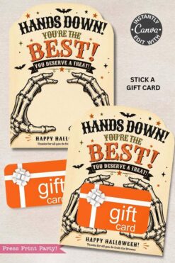 Set of seven vintage Halloween gift card holders featuring skeleton hands framing the phrase “Hands Down! You’re the Best! You Deserve a Treat!” Each holder is decorated with bats, stars, and festive accents—perfect for adding spooky charm to your holiday gifting.
