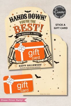 The 7 Vintage Halloween Gift Card Holders feature a festive design with skeleton hands, bats, and stars, along with the playful message “Hands Down! You’re the Best! You Deserve a Treat!” Each holder includes a spot to attach a gift card, making your Halloween gifting extra spooky and fun.