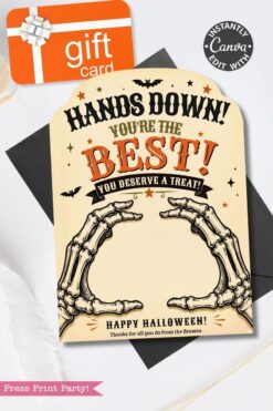Show your appreciation this Halloween with the 7 Vintage Halloween Gift Card Holders, featuring skeleton hands framing bold “Hands down! You’re the best! You deserve a treat!” text, along with bats, stars, and a festive “Happy Halloween! Thanks for all you do from the Browns.” These holders are a spook-tacular way to share your gratitude in vintage style.