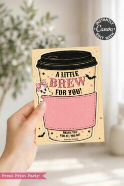 A hand holds one of the 7 Vintage Halloween Gift Card Holders—a coffee cup-shaped card featuring a pink pocket, a mouse, and stars with the message “A Little Brew for You!”—making it perfect for festive gifting. Below, the text reads “Thank you for all you do!” against a softly blurred background.