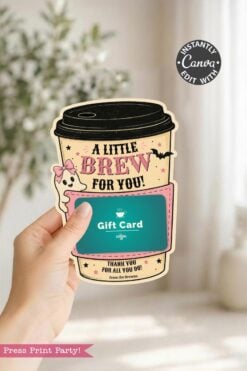 A hand holds one of the 7 Vintage Halloween Gift Card Holders—a coffee cup-shaped card with “A Little Brew For You!” on the front and a convenient slot for a gift card. Reminiscent of whimsical Halloween designs, this holder features a cute dog, pink accents, and “Thank you for all you do!” in smaller text at the bottom.