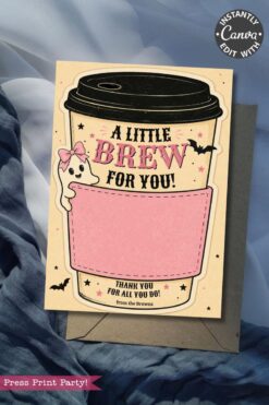 7 Vintage Halloween Gift Card Holders featuring a coffee cup design with a cute ghost wearing a pink bow and pink sleeve, plus the message: “A little brew for you! Thank you for all you do! From the Browns.” Each card includes blue fabric and an envelope underneath—perfect for gifting on Halloween.