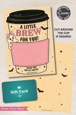 Add a festive touch to your Halloween gifting with the “7 Vintage Halloween Gift Card Holders.” This charming greeting card is shaped like a coffee cup, showcases “A Little Brew For You!” text, and features a pink sleeve with a cartoon ghost. Perfect for presenting gift cards, it comes complete with instructions and a teal gift card, while bats and stars enliven the background for extra spooky fun.