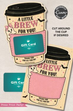 Here’s a rewritten sentence incorporating the given product data: Part of the 7 Vintage Halloween Gift Card Holders set, these illustrated coffee cup cards double as festive gift card holders, adorned with ghost and bat decorations and the cheerful phrase “A Little Brew For You!” Each holder features a space for a gift card and includes the message, “Thank you for all you do! from the Browns.” A sample is shown with a partially inserted gift card.