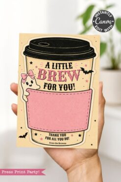 A hand holds one of the 7 Vintage Halloween Gift Card Holders—a coffee cup-shaped card decorated with bats, a cute ghost, and a pink pocket, ideal for Halloween gifting. The text says: “A Little Brew For You! Thank you for all you do! from the Browns.” A Canva editing label appears in the top right corner.