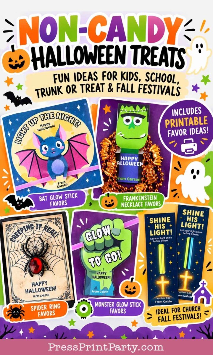 Colorful flyer for non-candy Halloween treats showcases four fun favor ideas: bat glow sticks, Frankenstein necklaces, spider rings, and monster glow sticks. Also mentions printable favor labels and highlights these non-candy Halloween treats as perfect for kids or festival events.