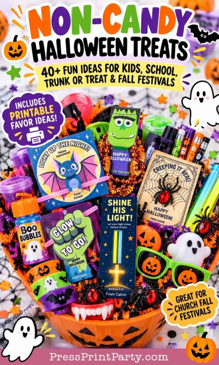 Colorful assortment of non-candy Halloween treats in an orange bucket, including bubbles, glow sticks, toys, and themed cards. This vibrant collection promotes fun and safe non-candy Halloween treats for kids at parties, school, or church events.