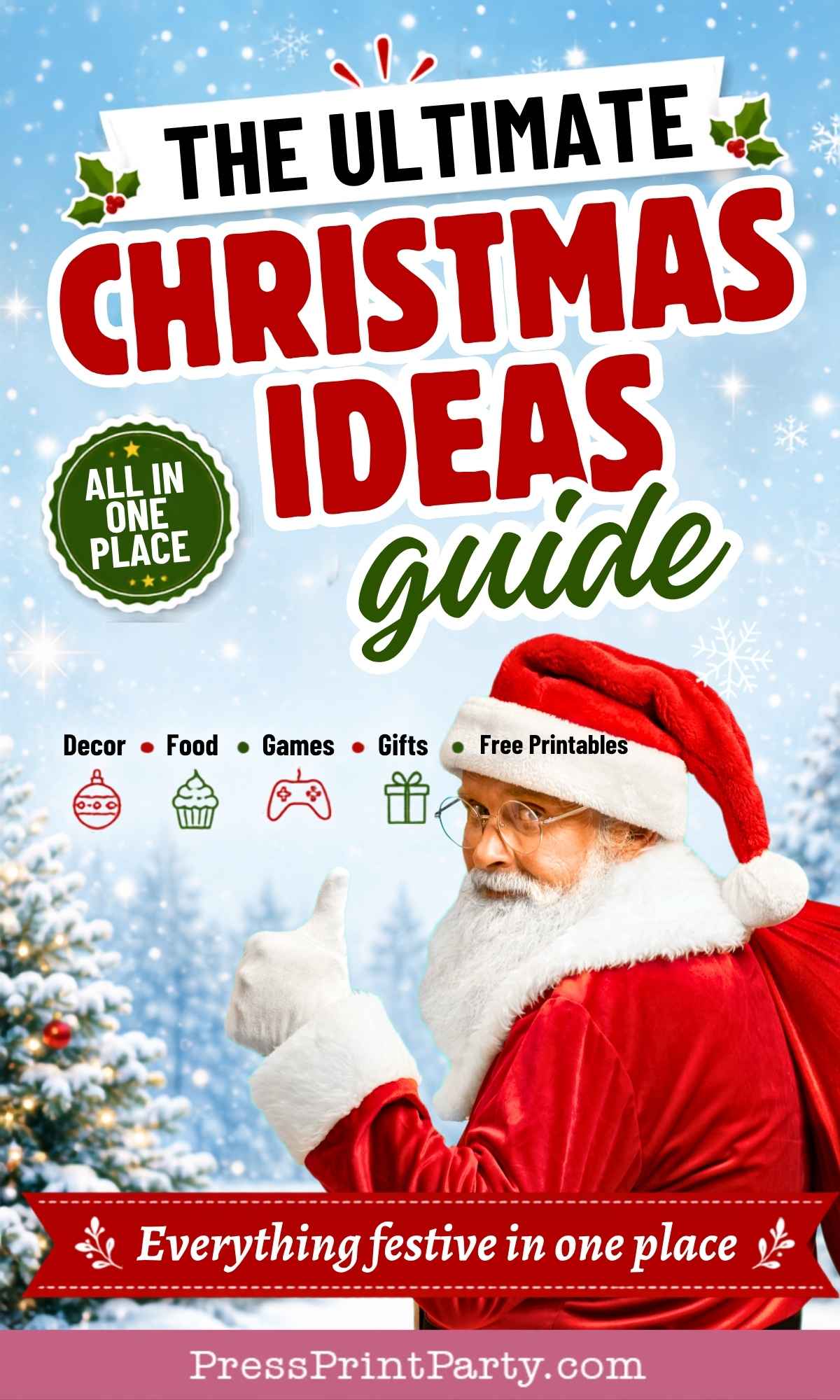 Santa Claus pointing with his thumb, surrounded by snow-covered trees. Text reads “The Ultimate Christmas Ideas Guide” with icons for decor, food, games, gifts, Christmas party ideas, and free printables.