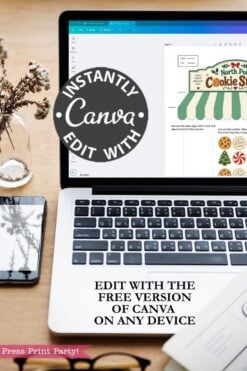 A laptop displaying a Canva design template for the 6 Pink Coquette Halloween Ghost Round Labels sits on a desk with a plant, glasses, and a phone. Overlays read “Instantly Edit With Canva” and “Edit with the free version of Canva on any device.”.