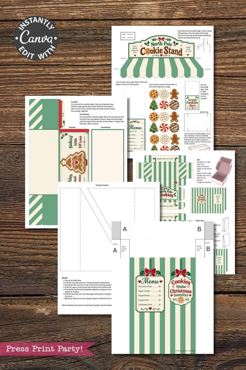 Printable templates for a Christmas-themed “North Pole Cookie Stand,” featuring menus, signs, striped awnings, and charming gingerbread and cookie graphics—all beautifully displayed on a wooden background. Inspired by the playful style of the 6 Pink Coquette Halloween Ghost Round Labels, these designs are perfect for festive fun. Text includes “Press Print Party!” and “Edit with Canva.”.