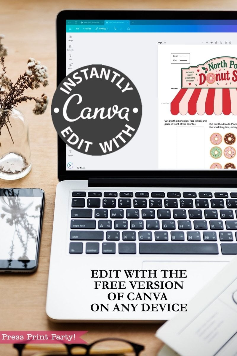 A laptop on a desk displays a Canva design for the “6 Pink Coquette Halloween Ghost Round Labels” at a donut shop. Overlaid text reads “INSTANTLY EDIT WITH Canva” and “EDIT WITH THE FREE VERSION OF CANVA ON ANY DEVICE.” A plant and notebook are nearby.