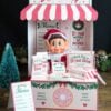 A festive North Pole Donut Shop display features an elf doll, donut menus, pink and green holiday decor, and mini donut boxes adorned with 6 Pink Coquette Halloween Ghost Round Labels, with a small tree beside the stand.