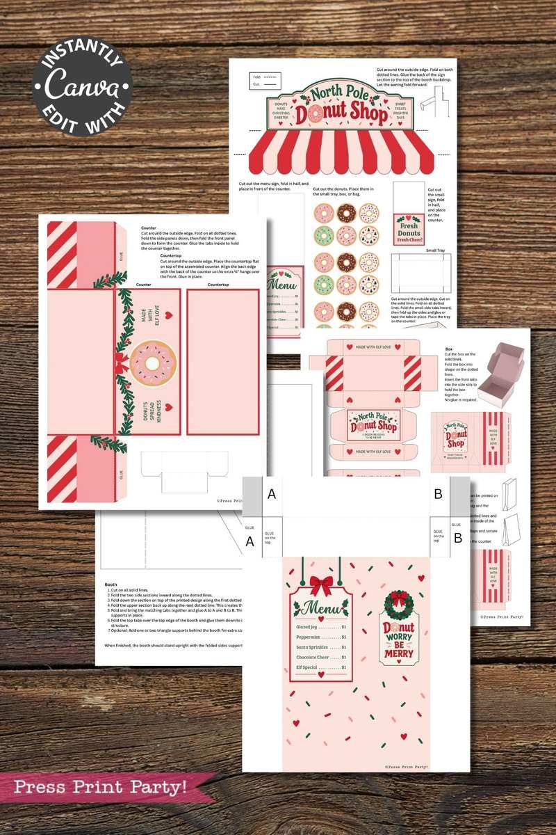 6 Pink Coquette Halloween Ghost Round Labels—festive printable stickers featuring charming pink designs and adorable ghost illustrations, perfect for Halloween party favors or decorating treat boxes, shown alongside a North Pole Donut Shop playset with holiday-themed sheets on a wooden background.