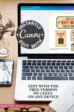 A laptop displaying the Canva design website sits on a desk with a plant, notebook, and phone. Text advertises editing the 6 Pink Coquette Halloween Ghost Round Labels with the free version of Canva on any device.